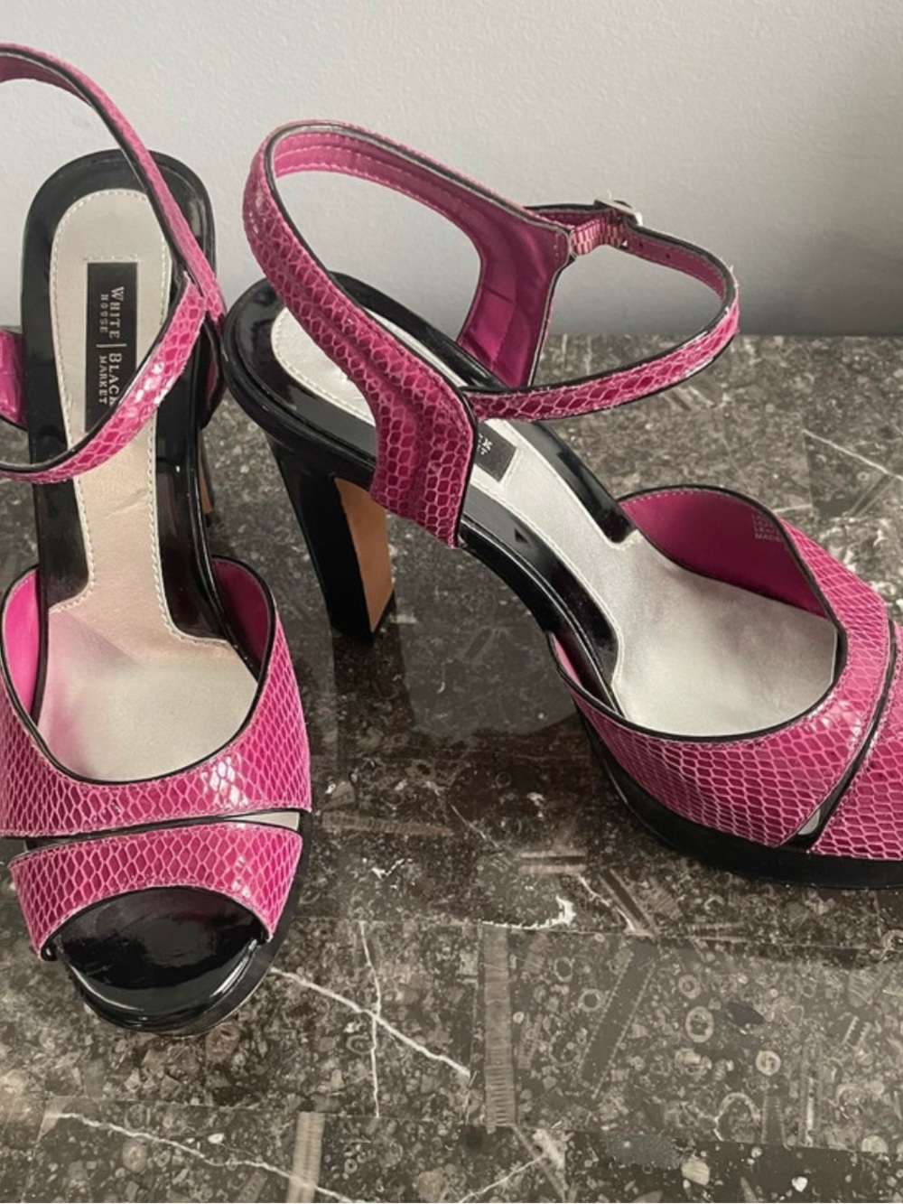 White House Black Market Fuchsia Snake-Embossed Slingback Heels